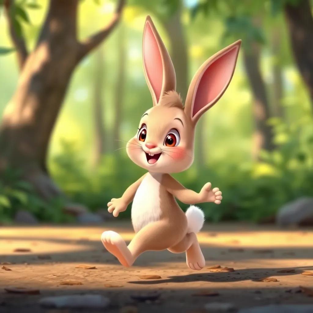 A little bunny hopping by with perked ears, tapping its tiny feet to the rhythm of the song, forest background, cheerful expression, bright and playful, child-friendly