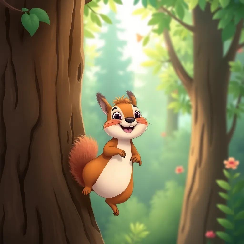 A clever squirrel climbing down the tree, fluffy tail twitching with happiness, joining the choir with a chuckle, colorful forest scene, joyful vibe, charming illustration