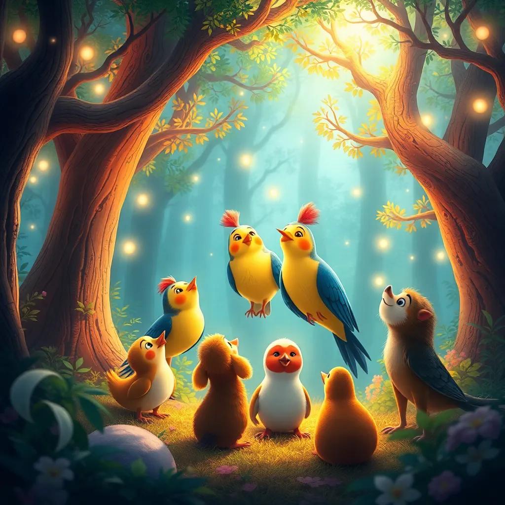 A magical forest filled with laughter and light, birds singing together, illustrating friendship with other animals joining in, warm and inviting colors, enchanting atmosphere