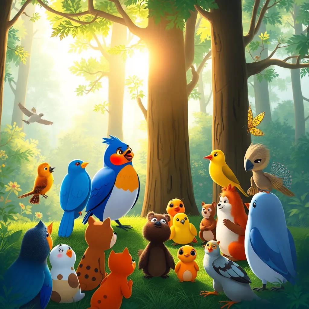 Birds learning new songs in the forest, sunshine breaking through trees, various animals gathering around to listen, inviting and charming illustration, vibrant