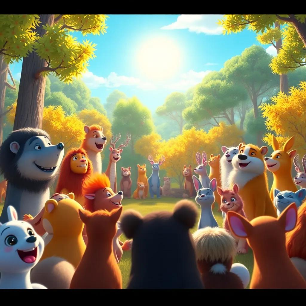 A sunny day in the forest, animals gathering in a big circle for a concert, excited expressions, bright colors, warm and friendly atmosphere, digital art