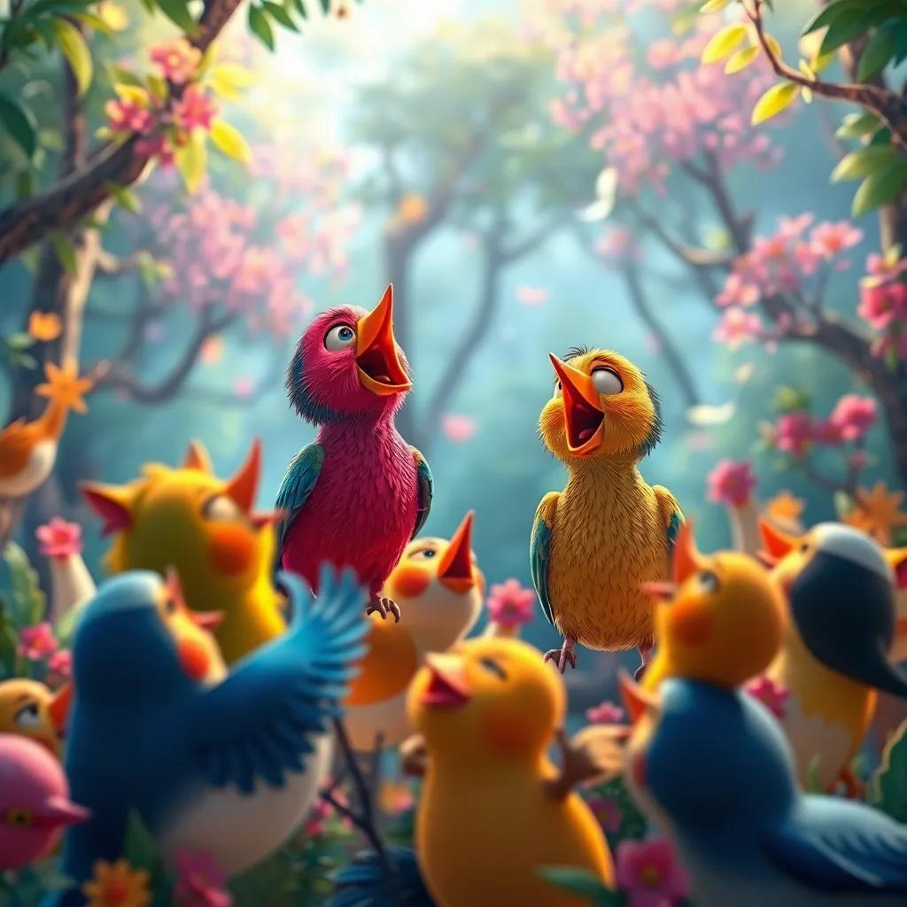 Birds singing their hearts out in a lively concert, colorful forest scene, animals dancing with happiness, echoes of laughter, vibrant and joyful atmosphere