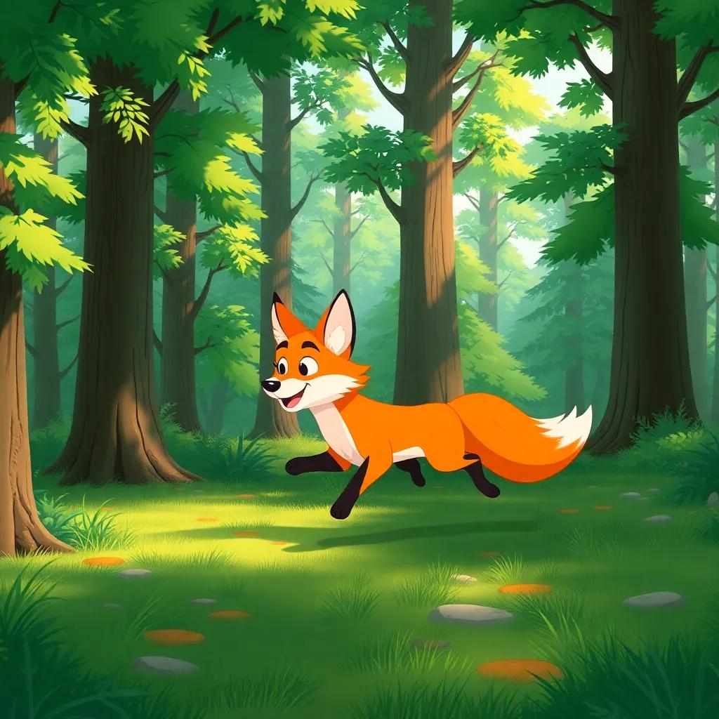 Fynn the fox running through a lush green forest with towering trees above, the sun casting shadows, soft thuds of paws on the ground, lively landscape, illustration, cheerful, bright colors, high quality