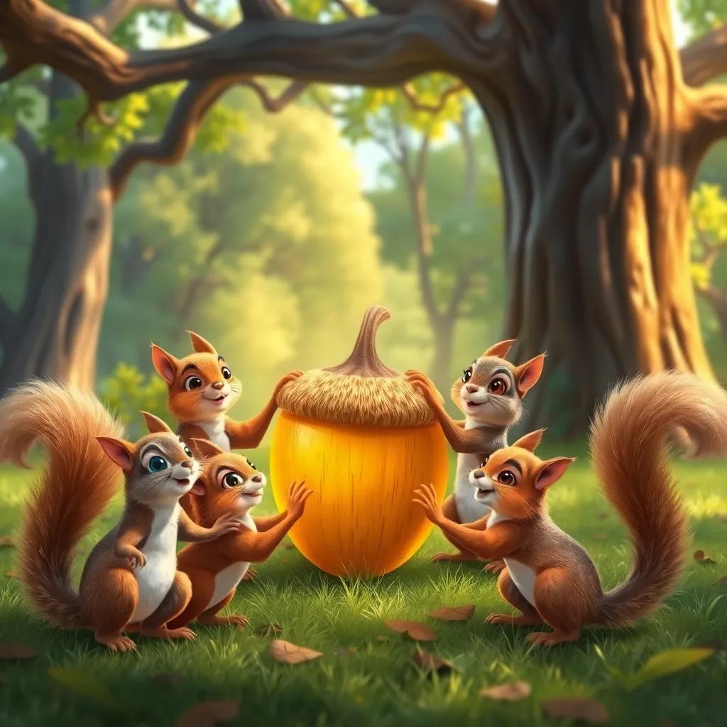 A group of playful squirrels defending a golden acorn under an ancient oak tree, each squirrel looking lively and colorful, bright forest background, cheerful atmosphere, digital painting, vivid colors, high quality