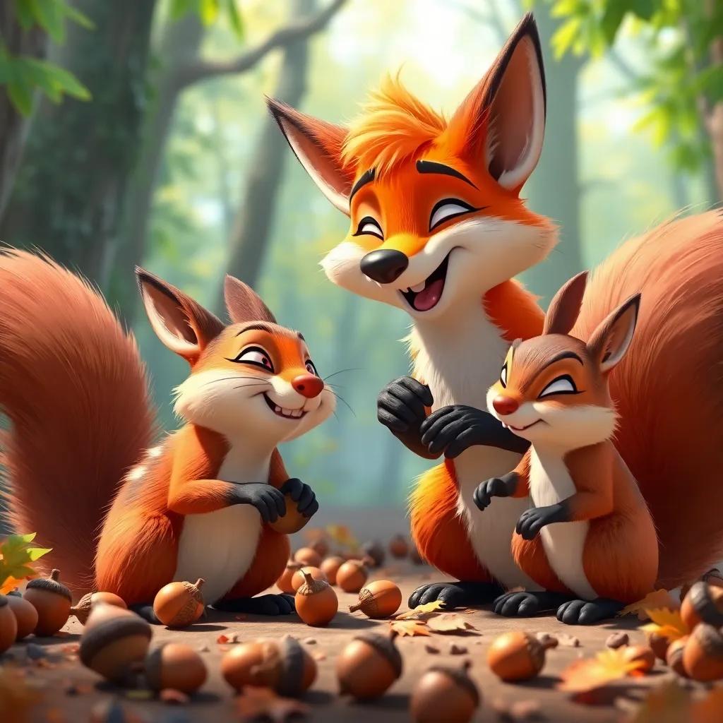 Fynn the fox and the squirrels working together, laughing and gathering acorns in a fun, interactive scene, colorful forest, animated style, joyful expressions, high quality