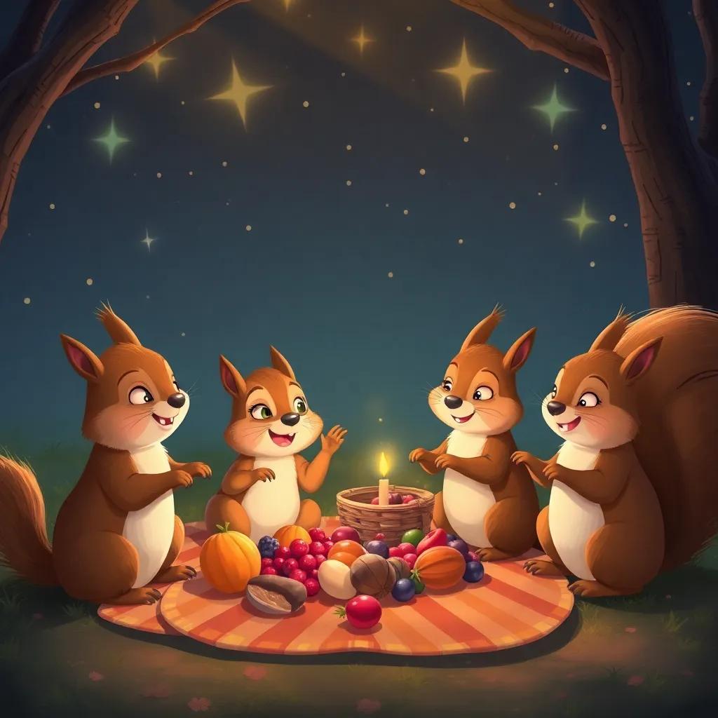 Fynn and the squirrels celebrating with a picnic, sharing nuts and berries under twinkling stars, cozy atmosphere, warmth and light, cartoon style, high quality