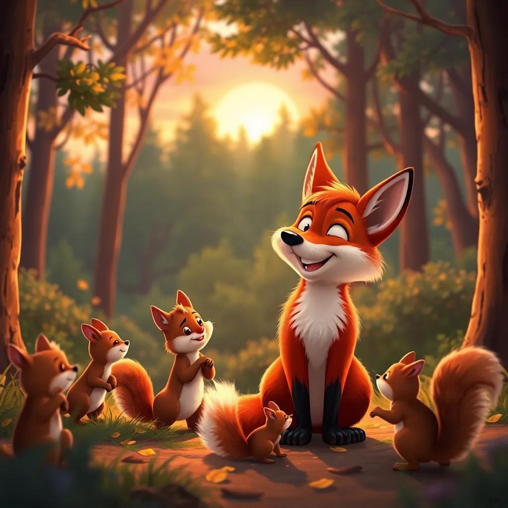 Fynn the clever fox looking happy as he says goodbye to the squirrels in a beautiful forest setting, the sun setting behind the trees, warm colors, heartfelt scene, digital painting, high quality