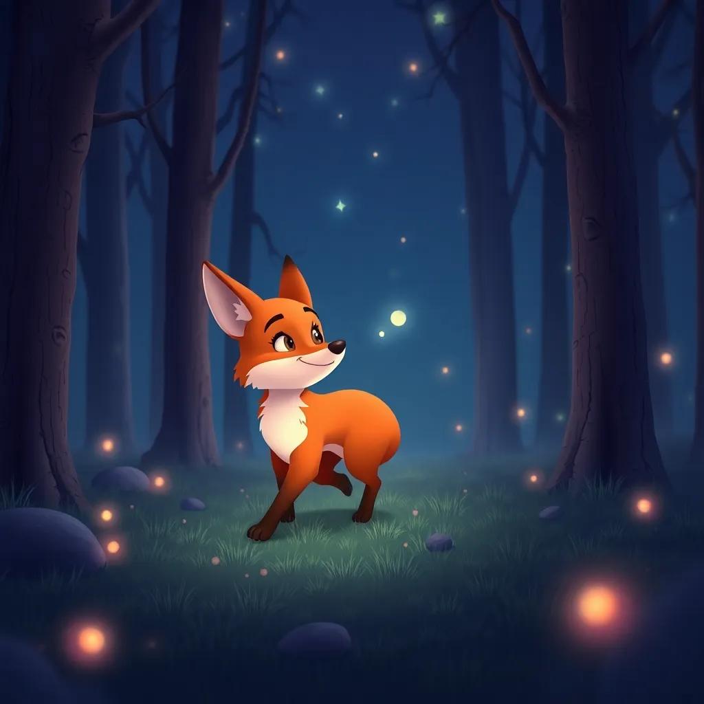 Fynn the fox walking home, his heart full of happiness, whispering in a quiet forest with twinkling stars, peaceful night scene, soft glow, vibrant colors, charming atmosphere, high quality