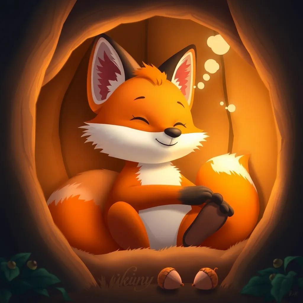 Fynn the fox dreaming of past adventures and friends, relaxing in his cozy den, with little decorations like acorns around, warm cozy lighting, playful mood, digital art, high quality