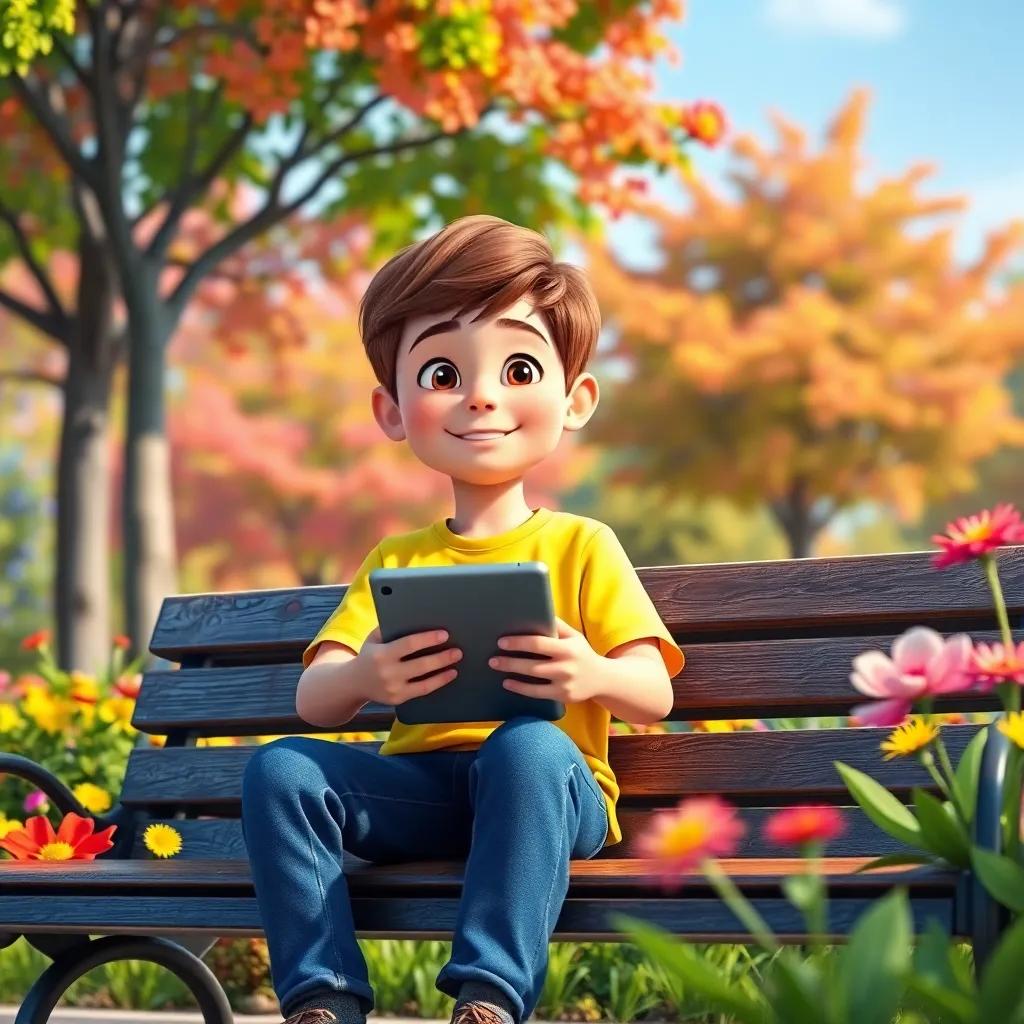A young boy, Sammy, with short brown hair, wearing a bright T-shirt and jeans, sitting on a park bench holding a tablet, surrounded by colorful trees and bright flowers, digital art, cheerful atmosphere, vibrant colors, close-up view, high quality