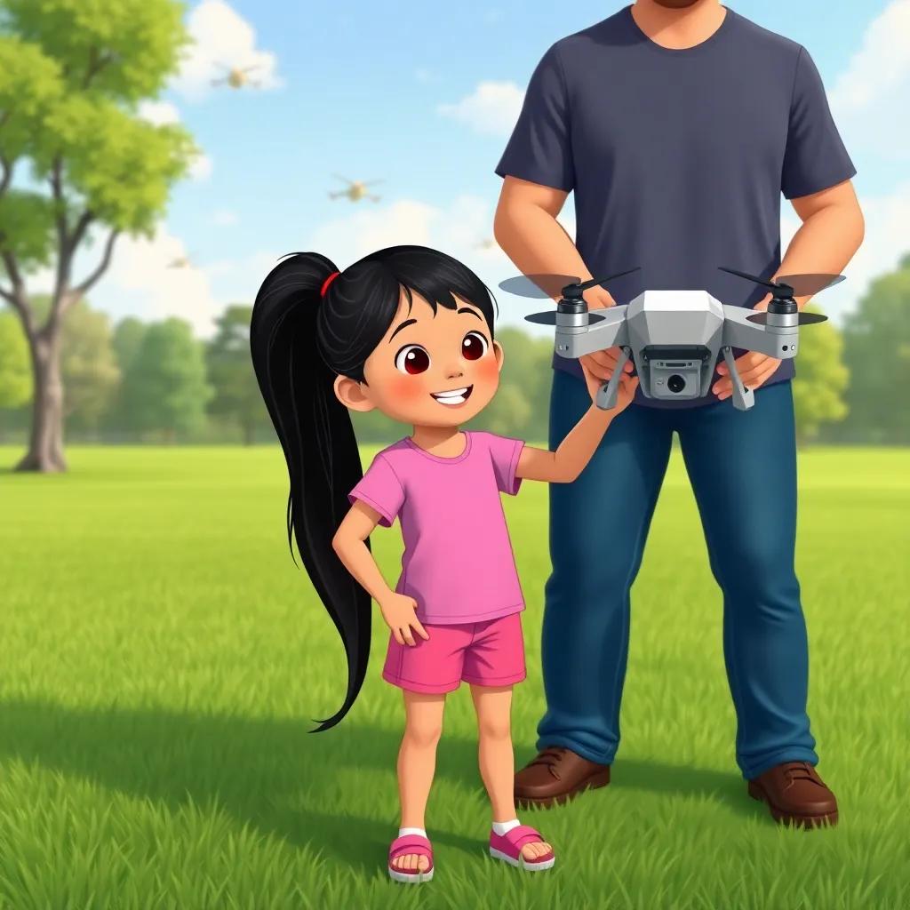 A young girl, Mia, with long black hair in a ponytail, wearing a pink shirt and shorts, standing next to her dad holding a shiny new drone, park with green grass and flying airplanes in the background, illustration, playful, engagement, child-friendly, action-filled