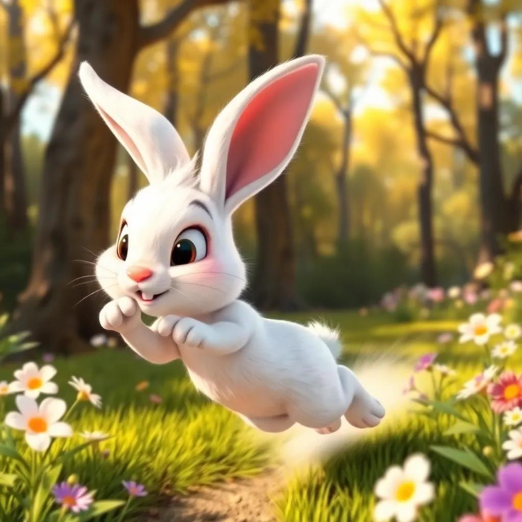 A speedy rabbit named Benny with shiny white fur, hopping around in a sunny forest, surrounded by trees and flowers, digital art, vibrant colors, cheerful atmosphere, high quality