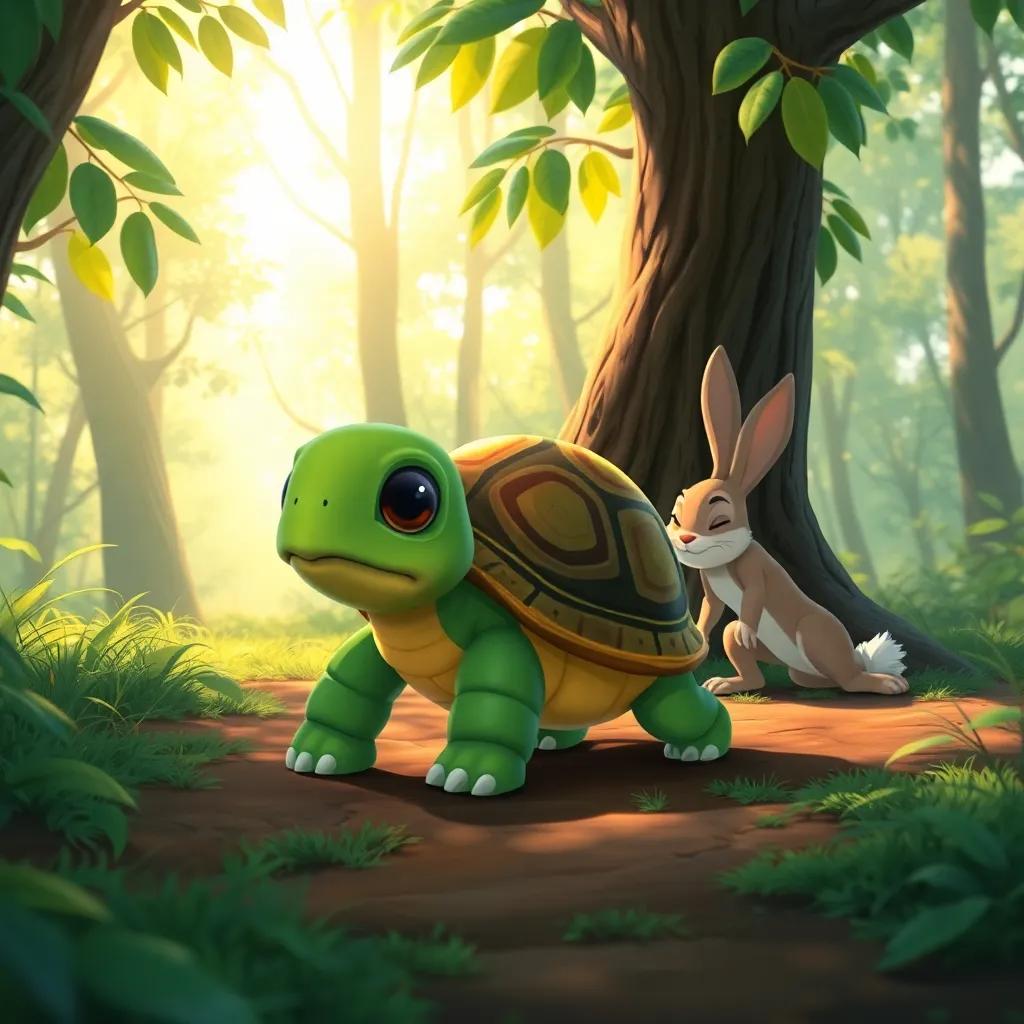 A determined turtle named Tilly, slowly moving on a forest path, with Benny the rabbit sleeping under a tree nearby, bright sunlight filtering through leaves, illustration, warm light, engaging scene, high quality