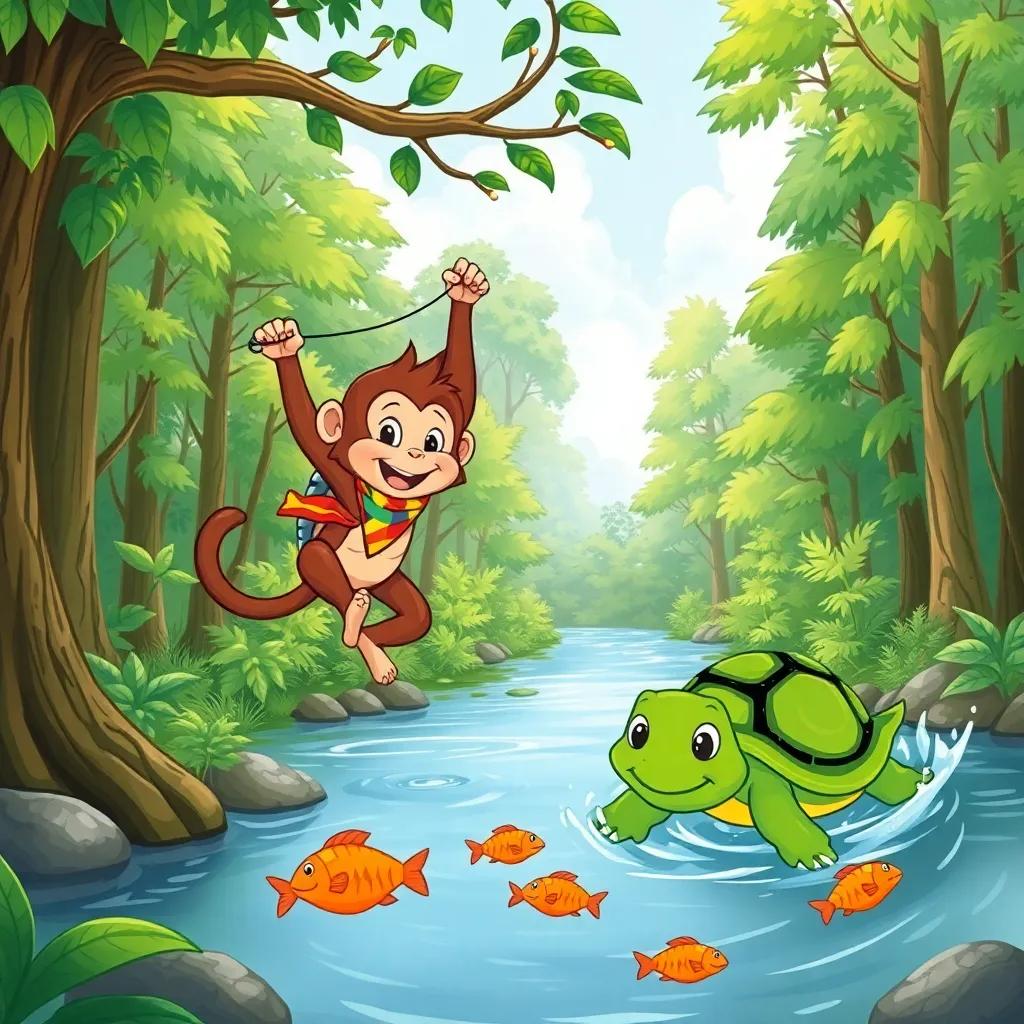 A lively scene in a lush green forest with tall trees and a clear river, featuring a monkey named Mishu, a small, agile monkey with brown fur, wearing a colorful bandana, swinging from a tree branch, while Tulip the turtle, a green turtle with a cheerful face, races against some fish in the water below, bright colors, cartoon style, playful atmosphere, highly detailed