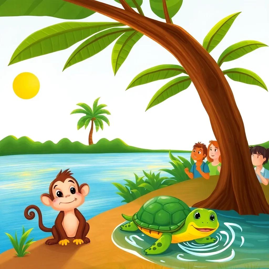 A banana tree in the distance with a sunny sky, featuring Mishu the monkey at the riverbank, with worried eyes, surrounded by other animals watching the race, and Tulip the turtle diving gracefully into the water, vibrant colors, cheerful, lively scene, storybook illustration, engaging
