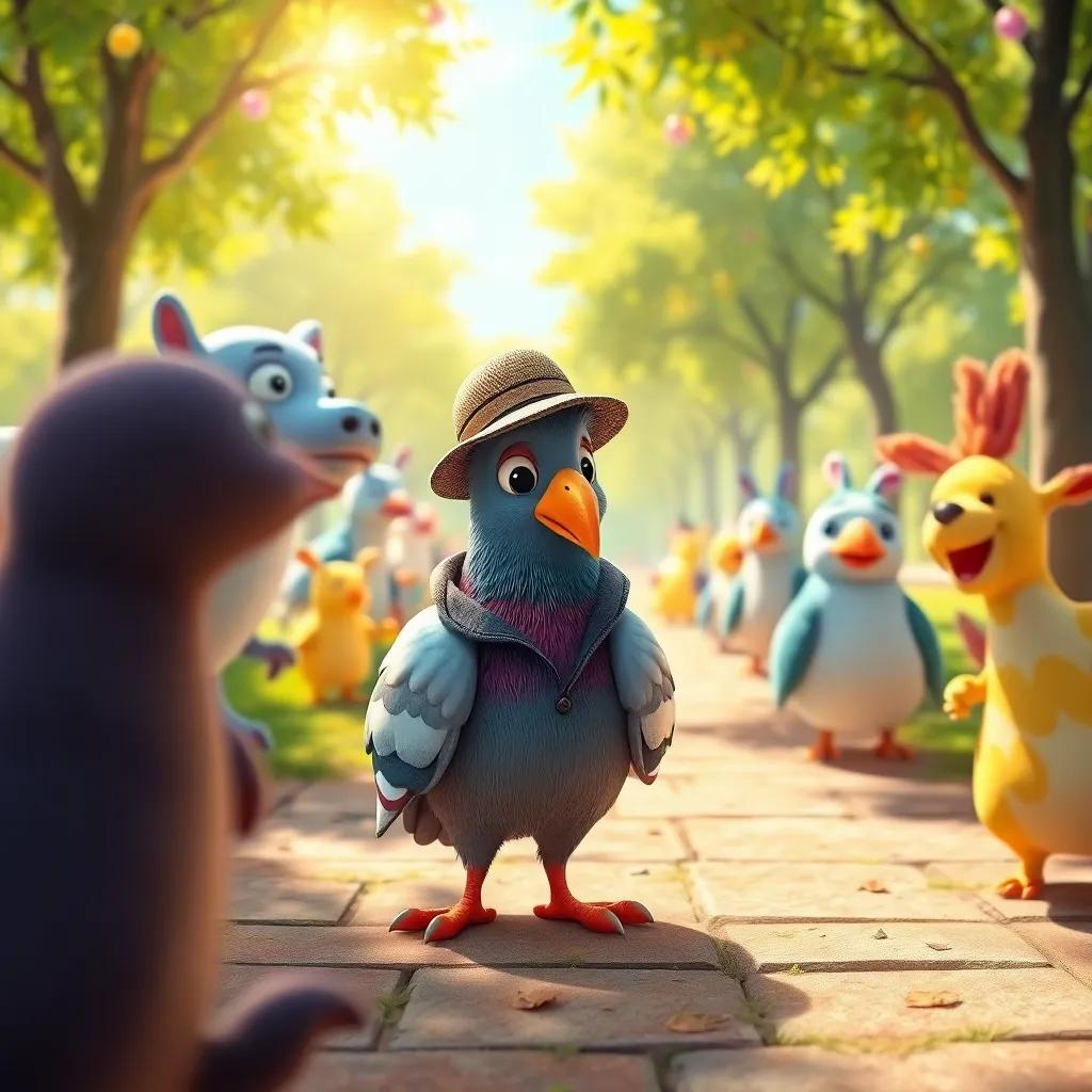 A bright sunny park filled with happy animals, Detective Pigeon wearing a tiny hat and coat, looking around for clues with his shiny feathers, digital art, cheerful, vibrant colors, inviting atmosphere, high quality