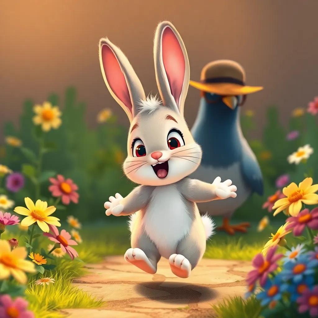 A fluffy rabbit, Bunny, hopping excitedly towards Detective Pigeon, with worried eyes, colorful flowers surrounding them, illustration, friendly, warm lighting, engaging perspective, child-friendly