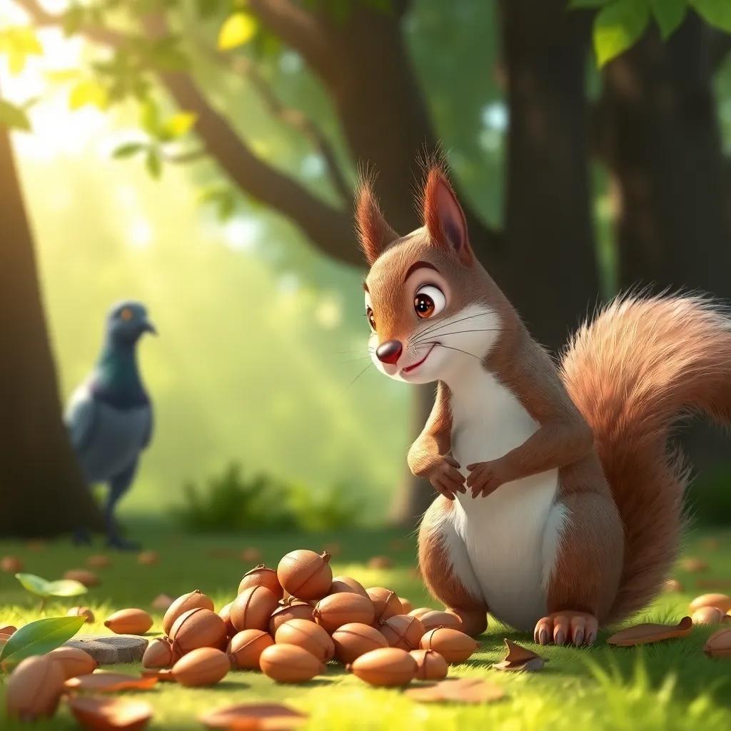A curious squirrel gathering nuts, speaking to Detective Pigeon about a shadowy figure, trees in the background, soft sunlight filtering through leaves, digital painting, lively, bright colors, clear details, high quality
