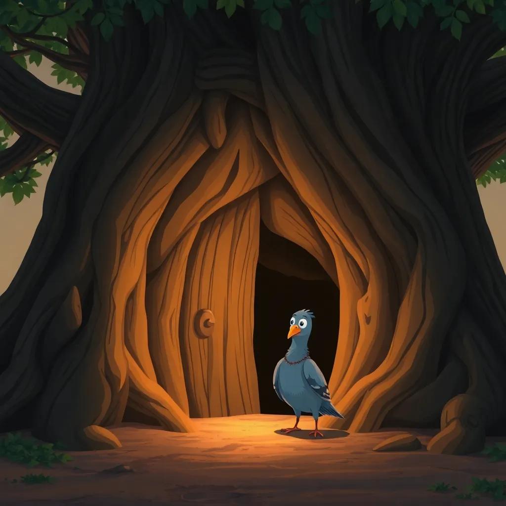 A hidden door at the base of an old oak tree, illuminated by soft light, Detective Pigeon looking brave as he prepares to enter the mysterious dark tunnel, illustration, adventurous, warm tones, inviting atmosphere, child-friendly