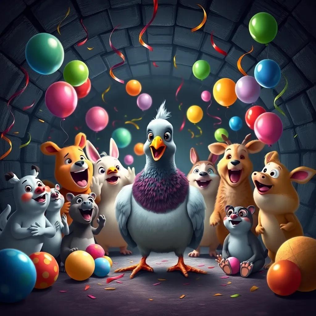Inside a dark tunnel, Pigeon surrounded by different animals having a surprise party, colorful balloons and streamers everywhere, joyful expressions, digital painting, festive, vibrant, heartwarming scene, high quality
