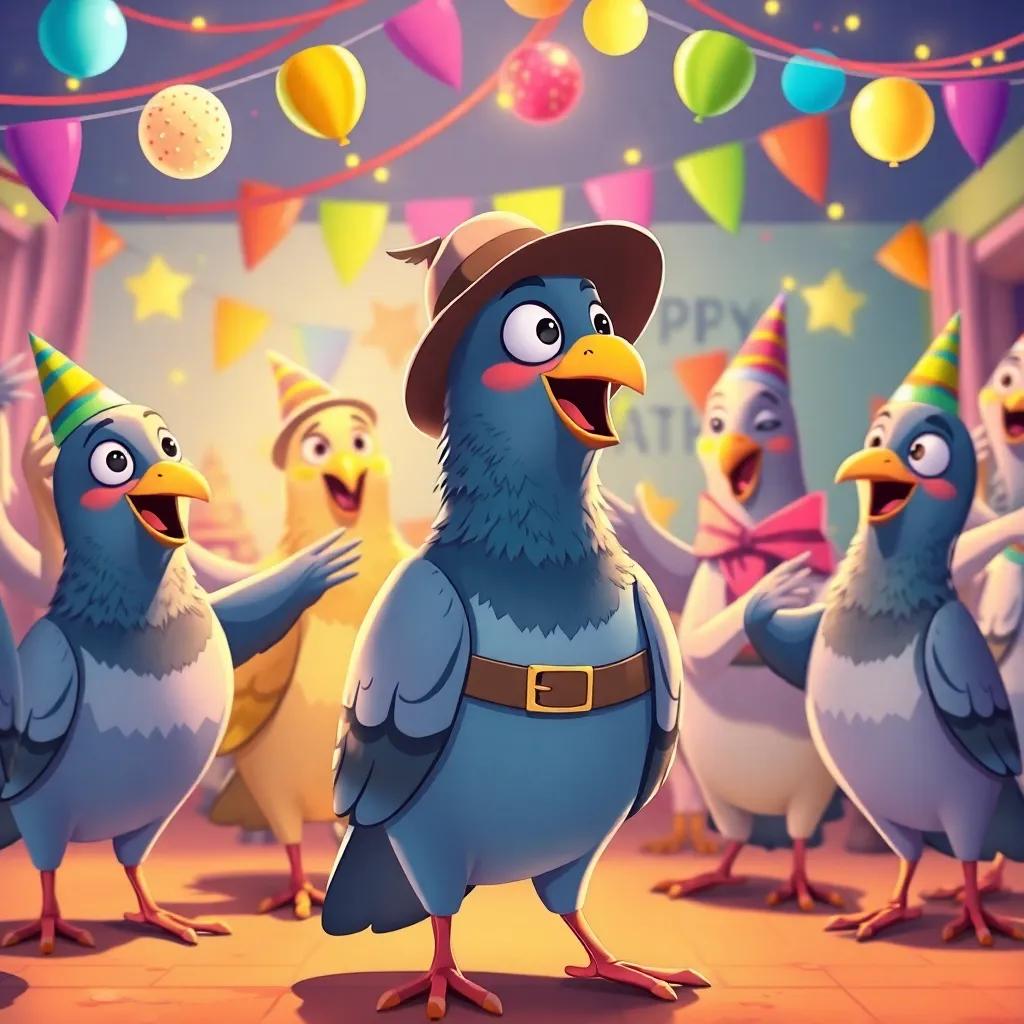 Detective Pigeon with his friends celebrating the party, laughter and dance, bright colors of the party decorations adding warmth, illustration, cheerful, fun atmosphere, high quality