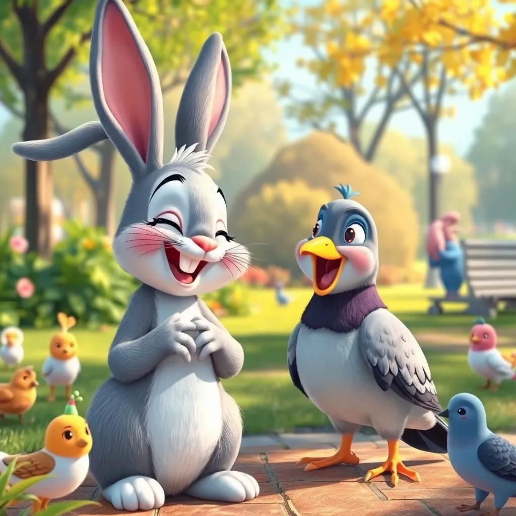 Bunny giggling with happiness as Pigeon shares his discovery, with colorful park scenery, playful animals around them, digital art, joyful, enchanting colors, friendly mood, clear view