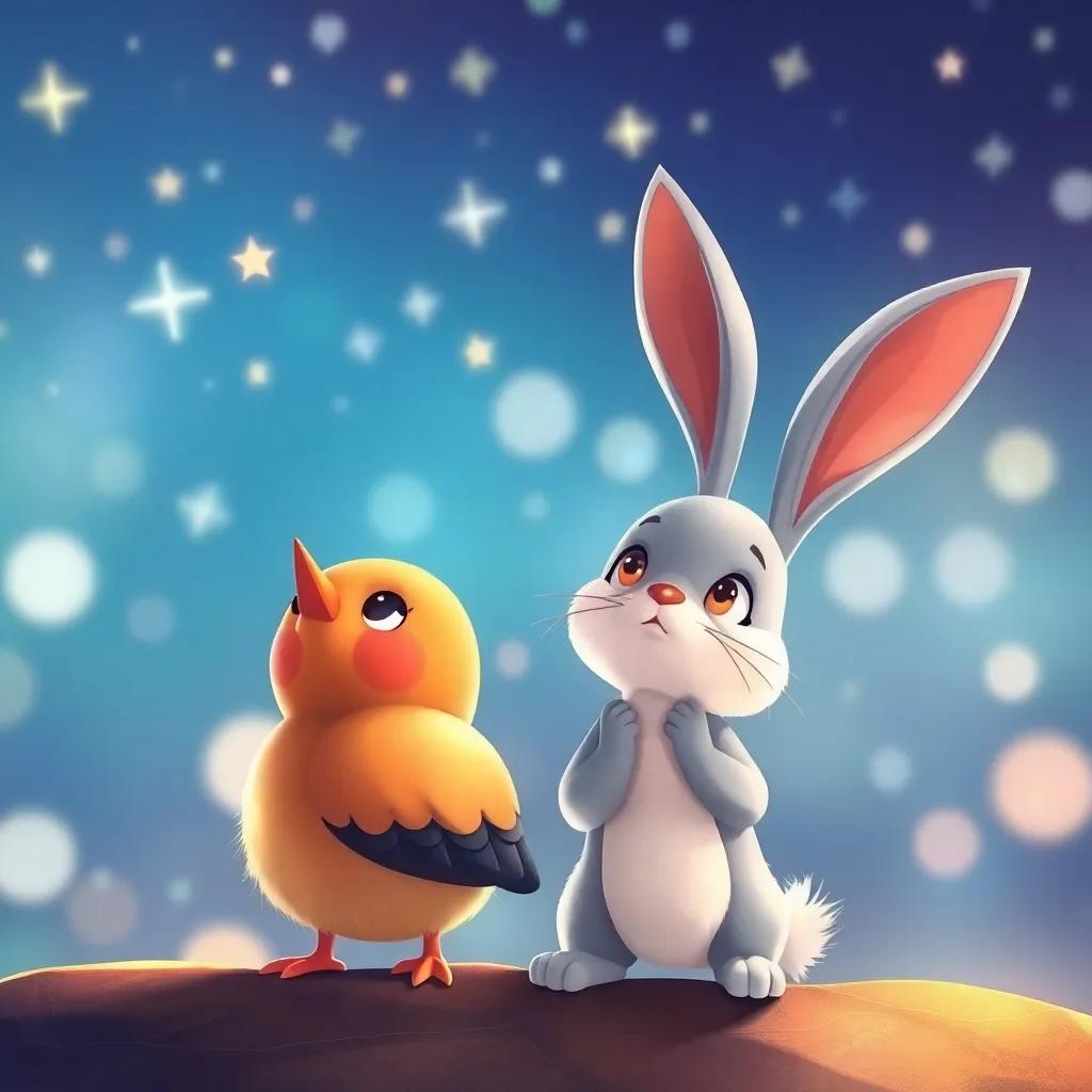 Pigeon and Bunny watching the sparkling stars in the night sky, with a background of soft, glowing lights, sense of wonder in their eyes, illustration, magical, serene colors, child-friendly atmosphere, high quality