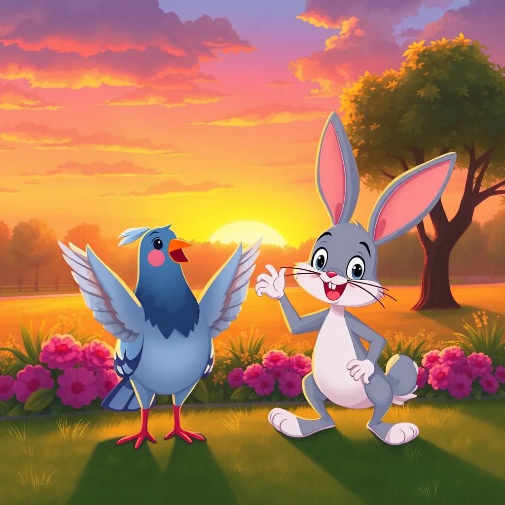 A beautiful sunset in the park, Pigeon and Bunny expressing excitement about future adventures, with a warm, inviting horizon, illustration, cheerful, bright colors, uplifting scene, high quality