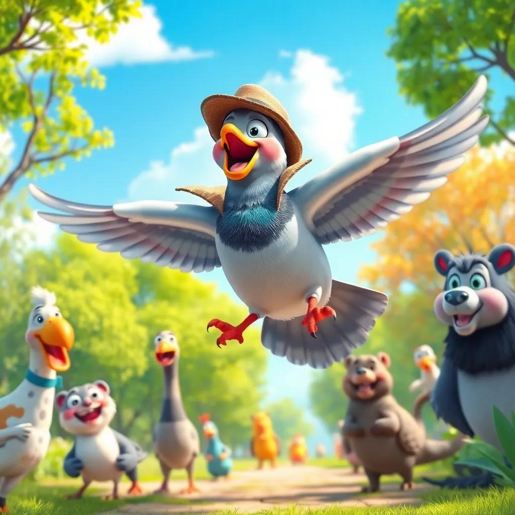 Detective Pigeon soaring happily through the park with his friends surrounding him, all animals smiling, bright blue sky overhead and colorful surroundings, digital art, lively, joyful, engaging imagery, high quality