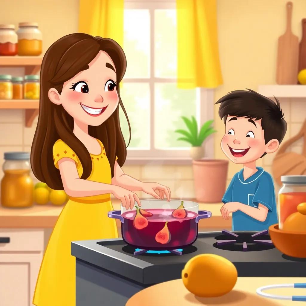 Mia, a cheerful girl with long brown hair in a bright yellow dress, stirring a pot of fig jam on the stove, her younger brother Alex, wearing a blue shirt, laughing beside her, a cozy kitchen with jars and ingredients around, warm light, colorful, happy kitchen vibe, storybook illustration