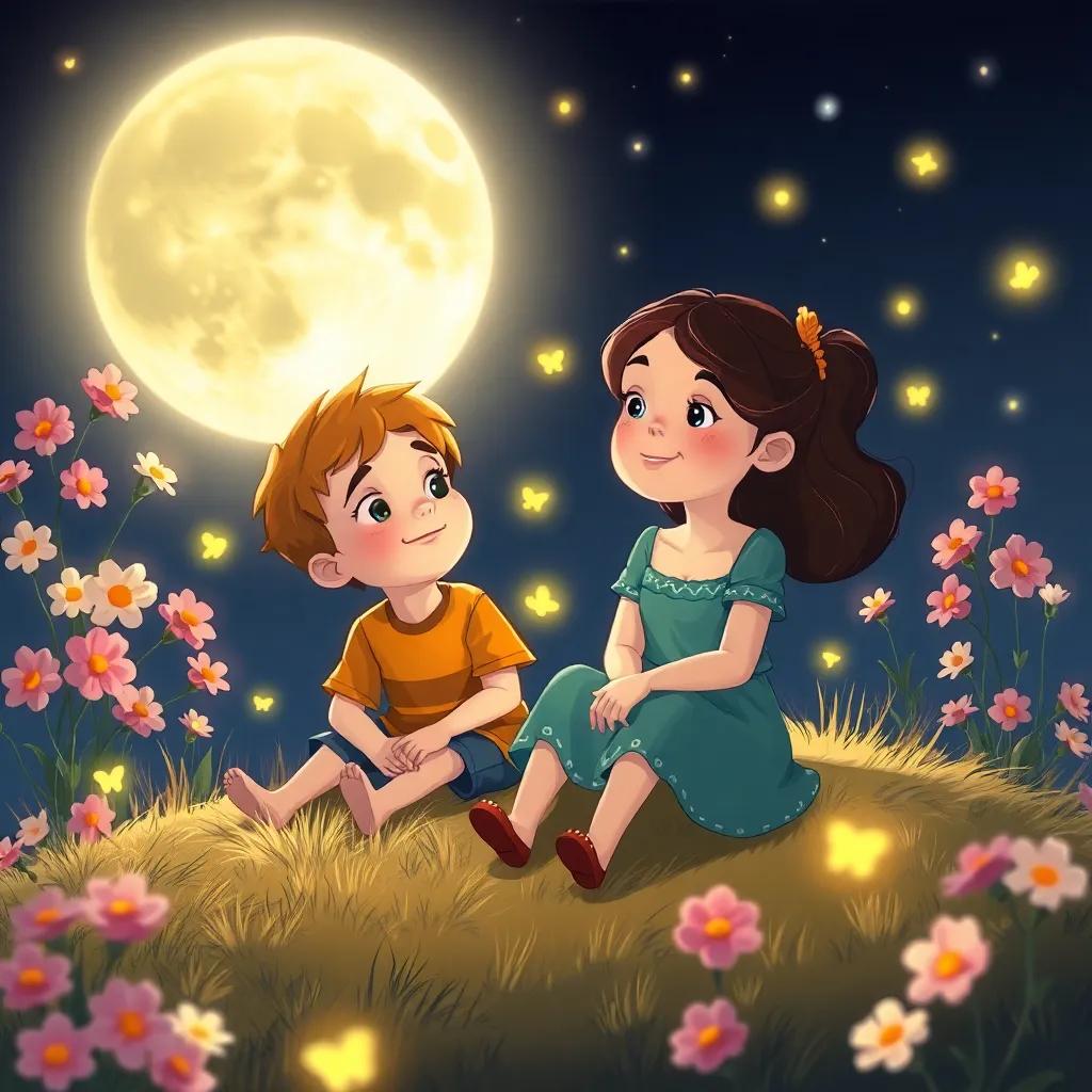 Sam and Sarah sitting on a soft patch of grass, watching fireflies dance in the moonlight, with blooming flowers surrounding them, their faces filled with wonder, illustration, warm tones, dreamy setting, child-friendly