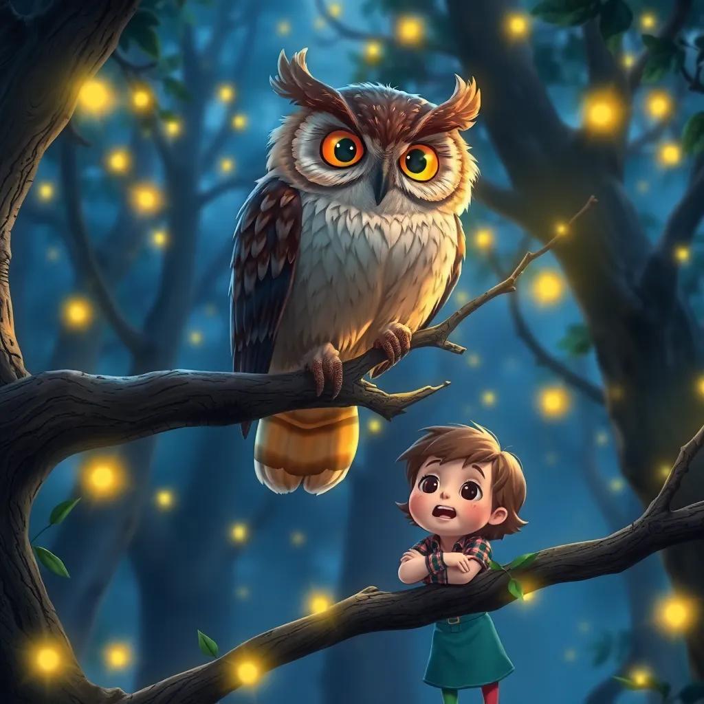 A wise old owl perched on a branch, gazing down at Sam and Sarah, who are eagerly listening, in a magical forest with glowing fireflies, detailed artwork, nighttime scene, whimsical atmosphere, high quality