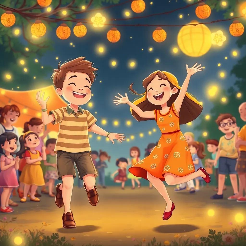 Sam and Sarah twirling and hopping in joy, trying to mimic the dance of happy fireflies, with laughter filling the air, surrounded by families enjoying the festival, illustration, cheerful, engaging, high quality
