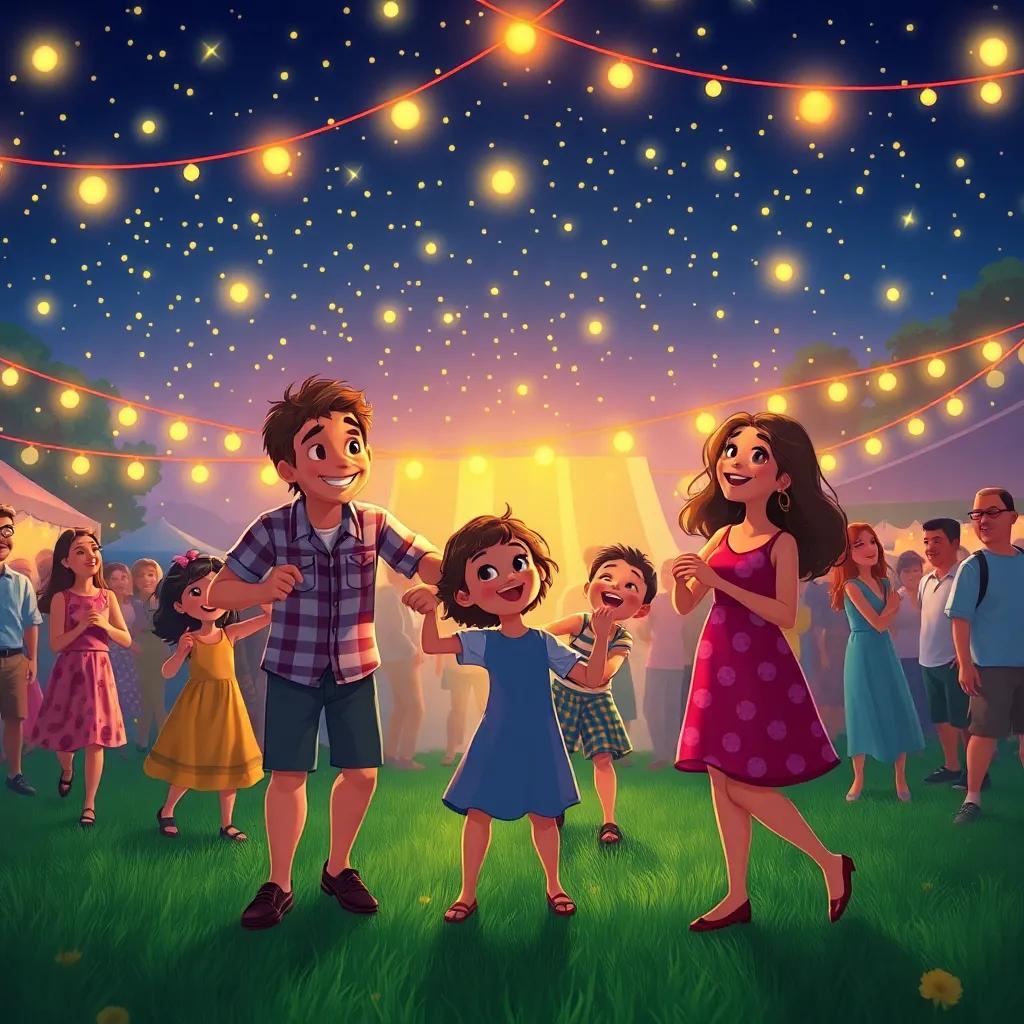 A lively festival scene with families dancing under a sky filled with sparkling fireflies, Sam and Sarah among them, bright colors, joyful atmosphere, high quality artwork