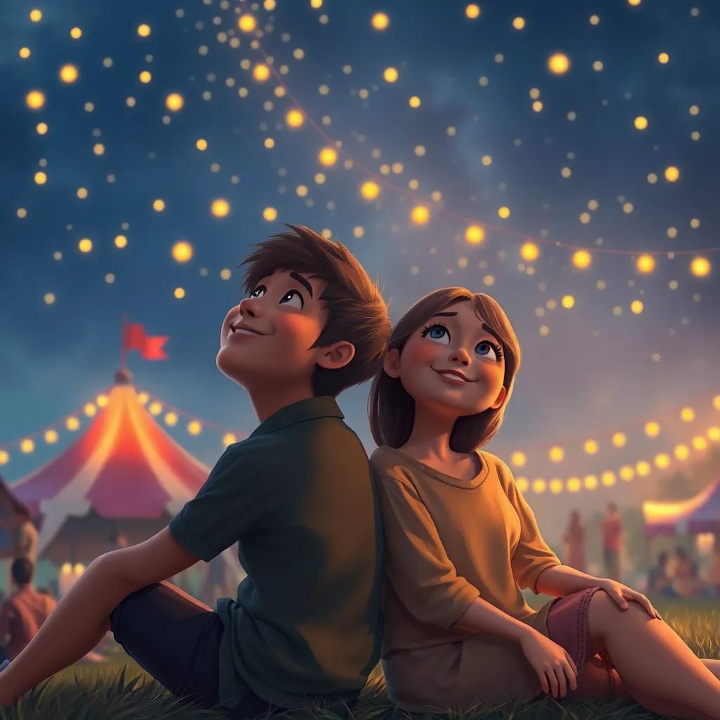 Sam sitting back in contentment, looking up at the sky filled with twinkling fireflies, Sarah beside him, both reflecting on their joyful night with a backdrop of the festival winding down, warmth radiating from them, digital painting, peaceful, warm light