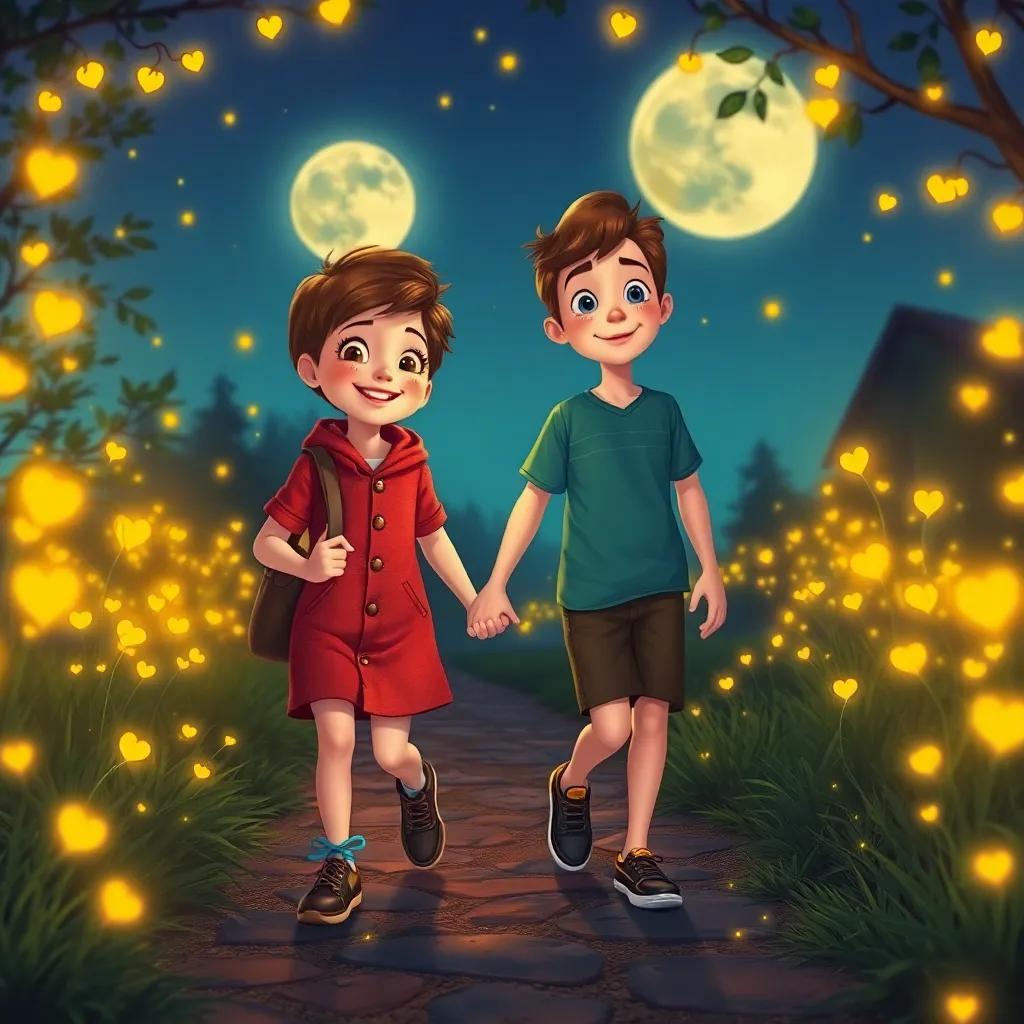 Sam and Sarah walking home, surrounded by fireflies lighting their path, their faces glowing with happiness, a beautiful moonlit night as a background, vibrant colors, magical atmosphere, high quality