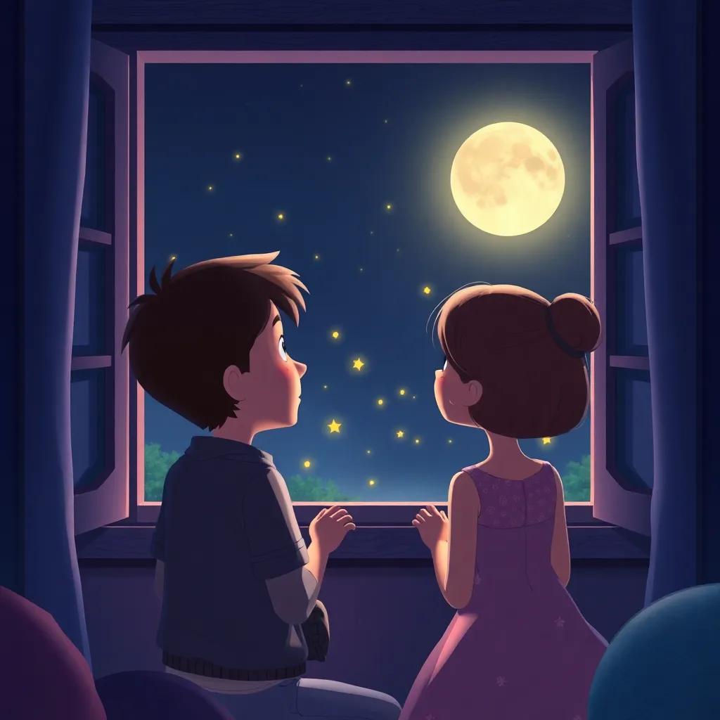 Sam and Sarah, now home, looking out their window at the moon and fireflies outside, promising to remember the night of kindness, tender and heartwarming scene, soft colors, dreamy setting, high quality