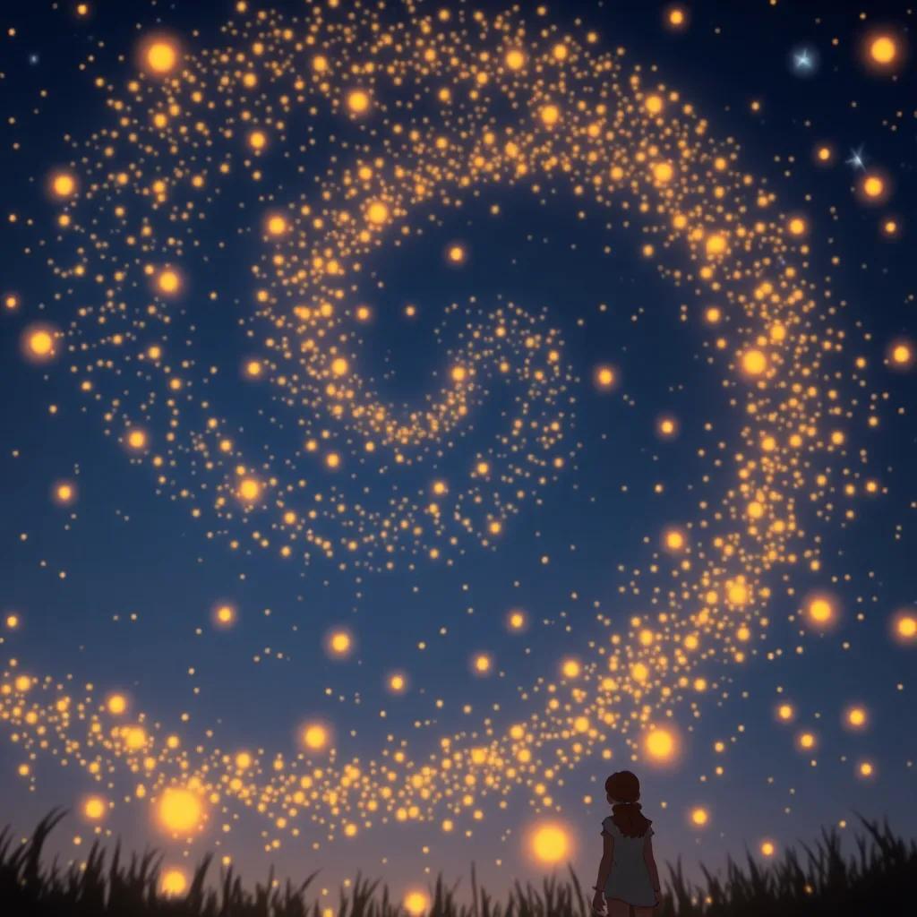 A final image of fireflies swirling together in beautiful patterns in the night sky, symbolizing kindness and joy, with a hint of Sam and Sarah looking on, digital art, ethereal colors, captivating atmosphere, high quality