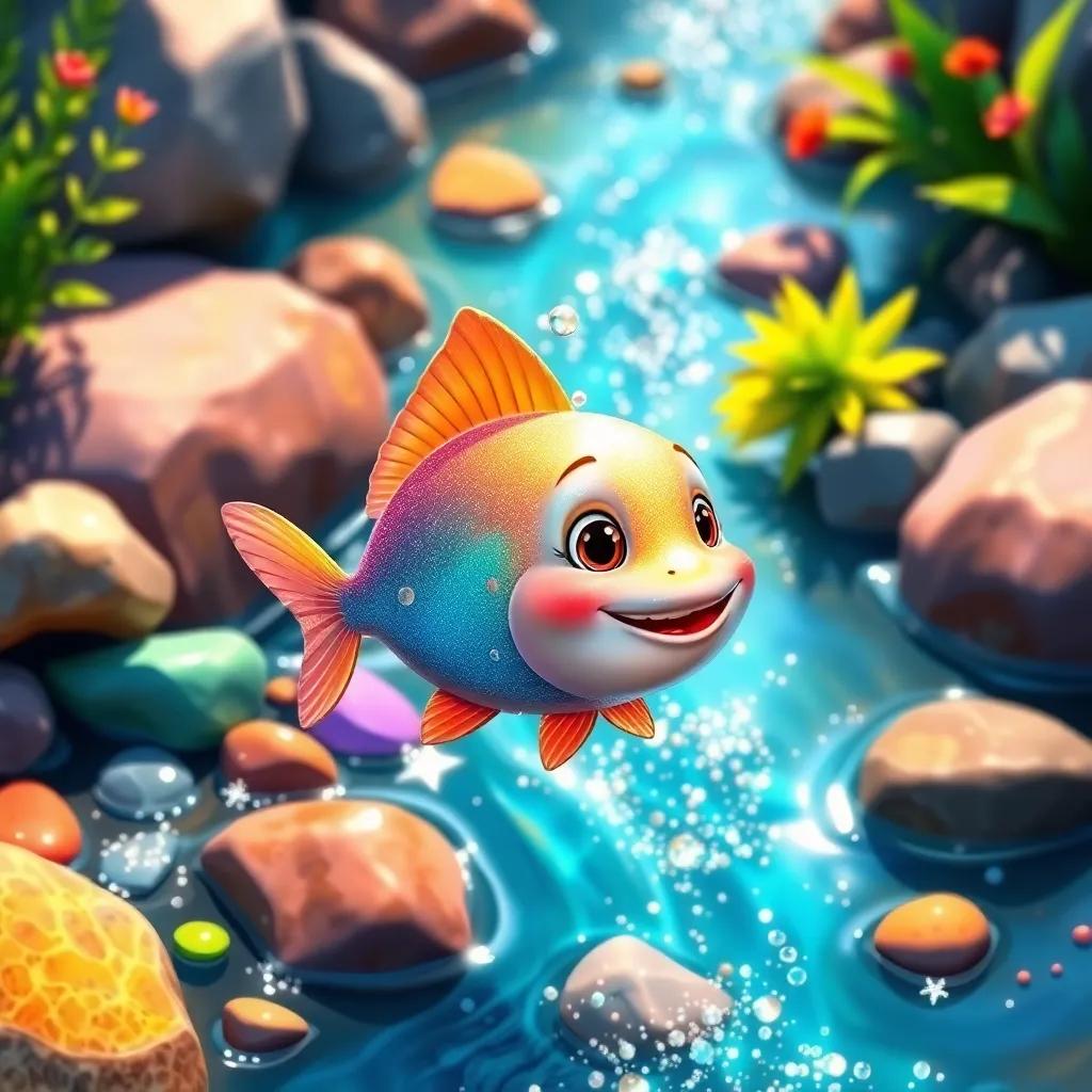 A small shiny fish named Finn swimming in a sparkling river, surrounded by colorful stones and plants, vibrant digital art, bright colors, cheerful atmosphere, high quality
