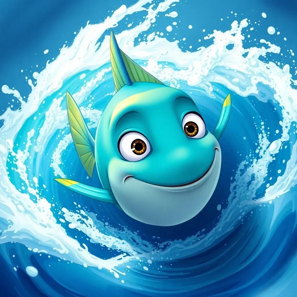 Finn the fish swimming with all his might against strong currents, tiny splashes and determination in his eyes, dynamic illustration, action-packed, colorful, joyful