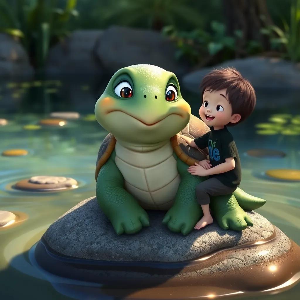 A wise old turtle named Tilly with kind eyes and a sparkling shell, sitting on a rock, smiling at Finn, surrounded by water and beautiful greenery, comforting colors, inviting scene, high detail