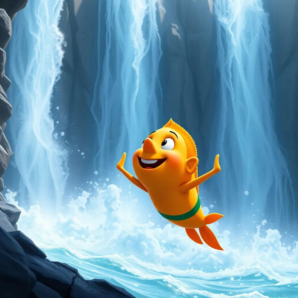 Finn the fish joyfully observing a big waterfall with excitement and a little fear, strong water crashing down, dramatic digital art, bright colors, adventurous perspective, high quality