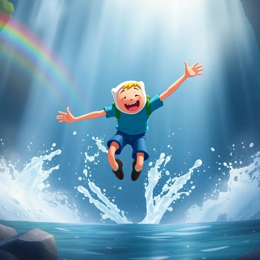 Finn jumping through a waterfall, splashing water everywhere, with a joyful expression on his face, surrounded by rainbows and mist, lively illustration, fun and energetic