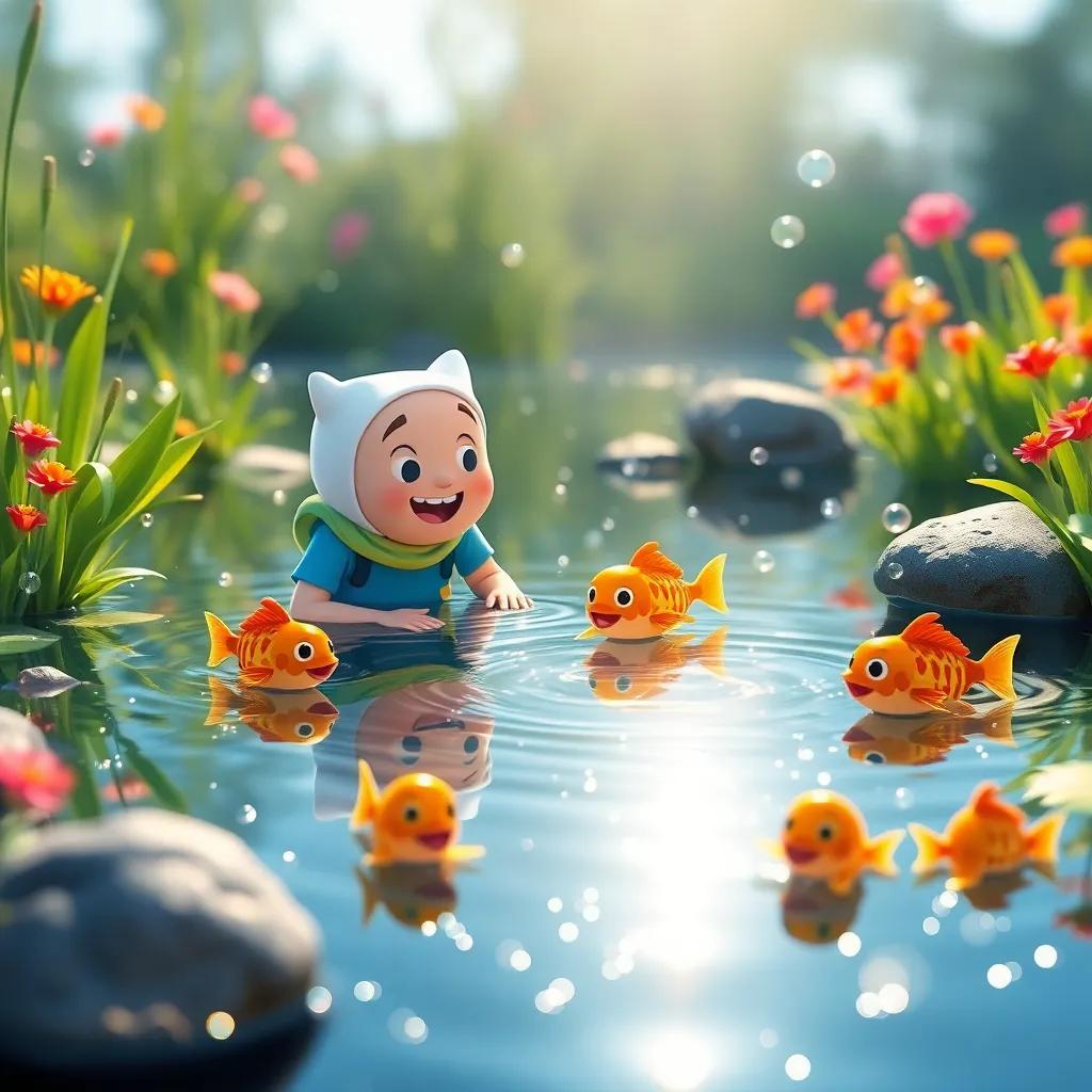 A calm pond with sparkling water, Finn meeting friendly minnows, lots of joy and colorful bubbles around, heartwarming scene, cheerful colors, playful setting, high detail