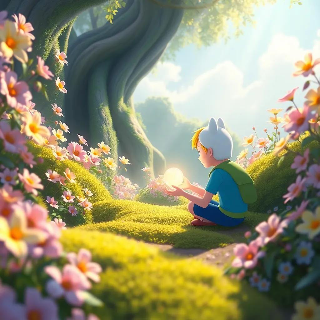 A magical place full of bright flowers and soft moss, with sunlight shimmering, Finn discovering a glowing pearl, enchanting atmosphere, vibrant colors, dreamlike illustration, high quality