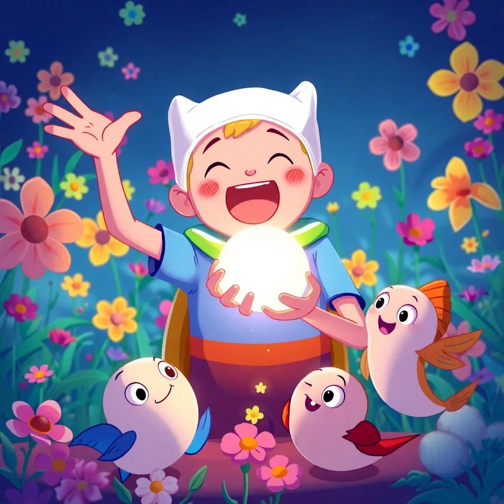 Finn excitedly holding a glowing pearl, surrounded by his friends Tilly and the minnows, colorful flowers in the background, joyful and collaborative scene, heartwarming illustration, wonderful colors