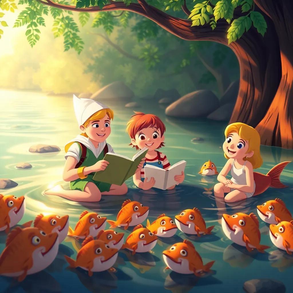 Finn and his friends sharing stories and spreading joy in the river, with fish gathering around listening and smiling, warm and inviting, digital art, colorful, high quality