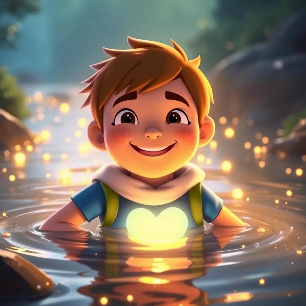 Finn feeling proud and happy in a glowing river, shining bright like a hero, with a big heart, vibrant colors, inspiring scene, cheerful in appearance, high quality