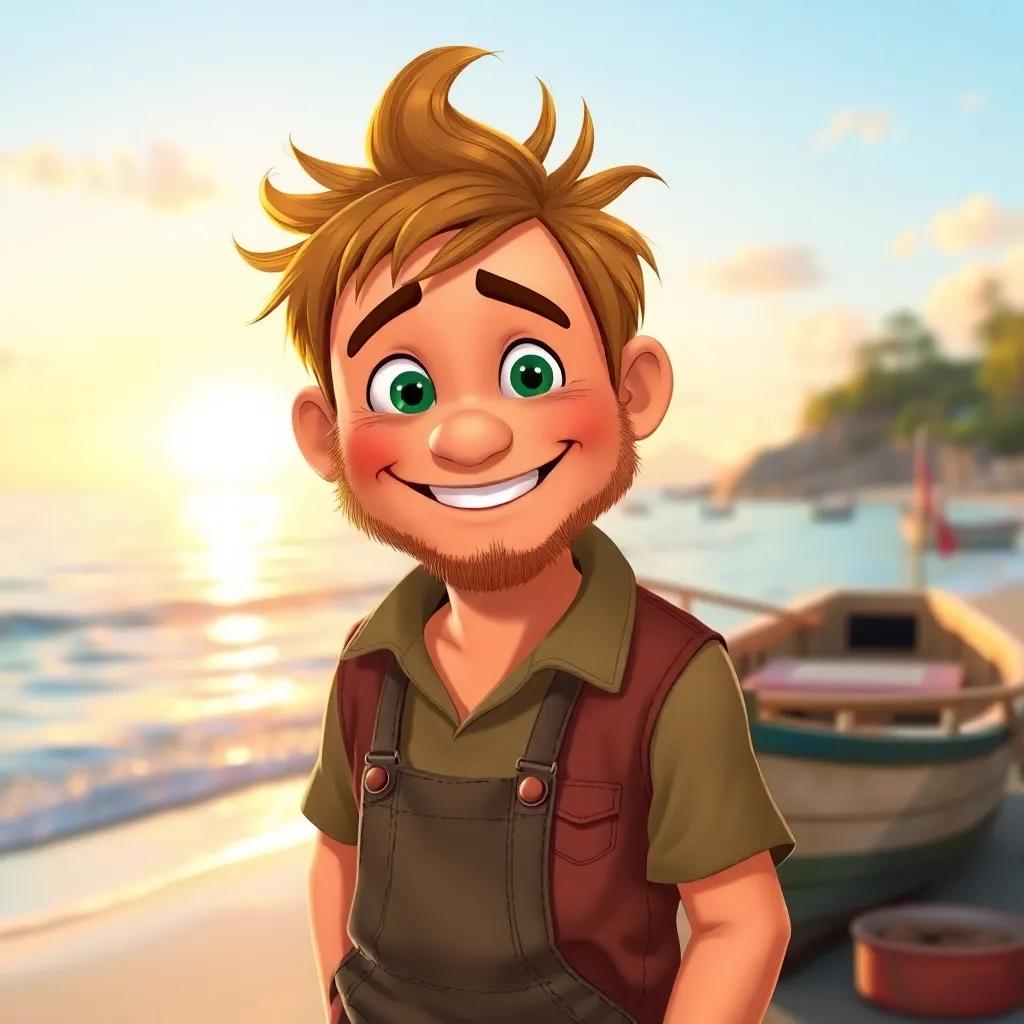 A cheerful fisherman named Fred, with scruffy hair and a warm smile, standing by a small fishing boat on a serene beach at sunrise, digital art, bright colors, peaceful atmosphere, high quality