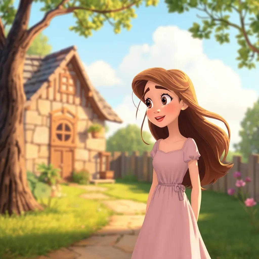 Lily, a young woman with flowing hair in a simple dress, looking surprised as Fred returns home with a small cottage in the background, illustration, warm and inviting, cheerful tone, high quality